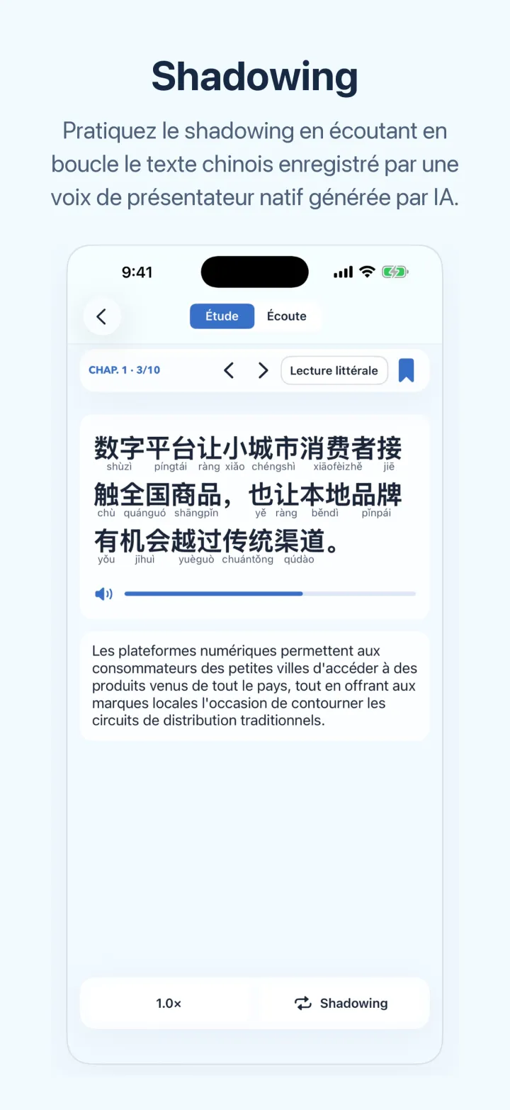 Le chinois de l'actualité – écran Shadowing : texte chinois avec pinyin et tons, barre de lecture audio et traduction en français