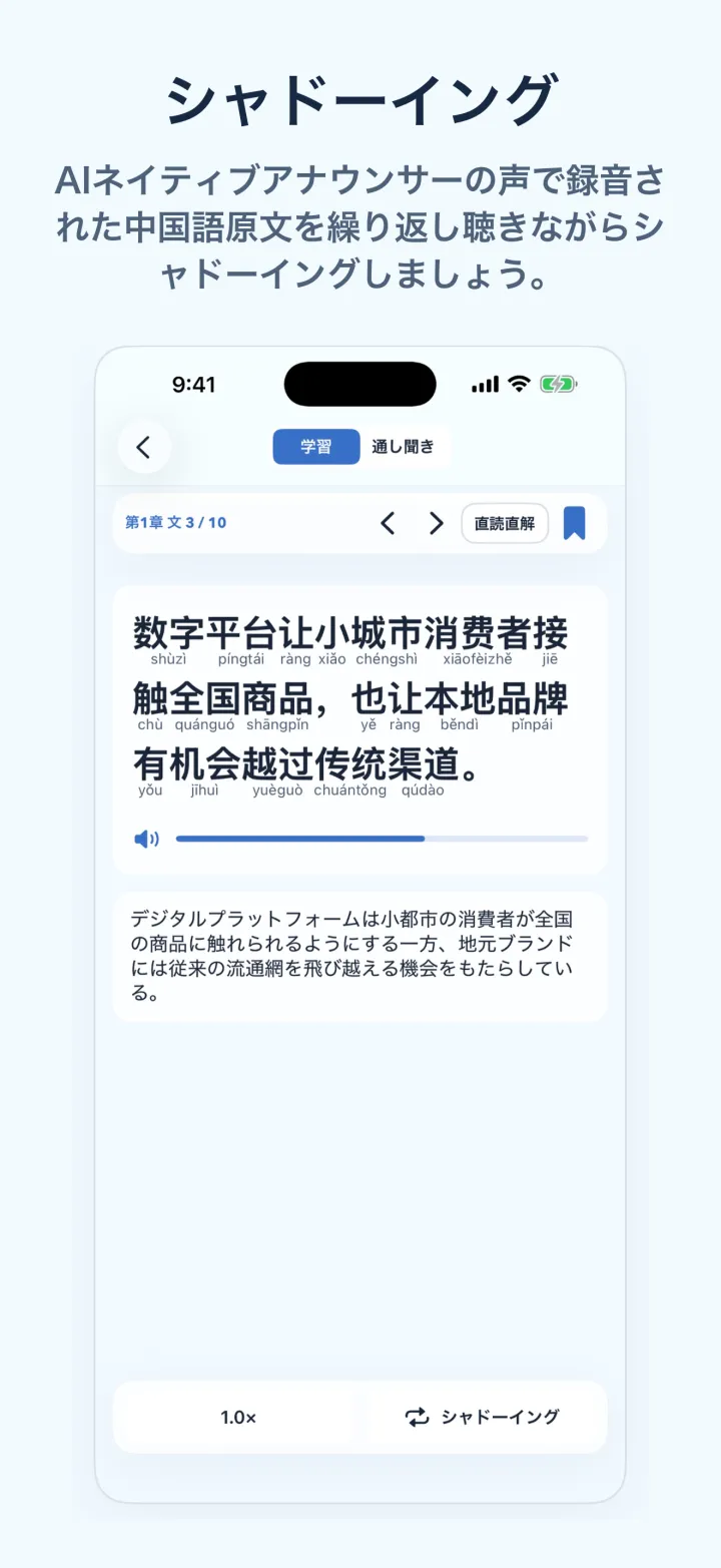 ニュース中国語学習のシャドーイング画面 – 声調付きピンインを添えた中国語原文、音声再生バー、日本語訳