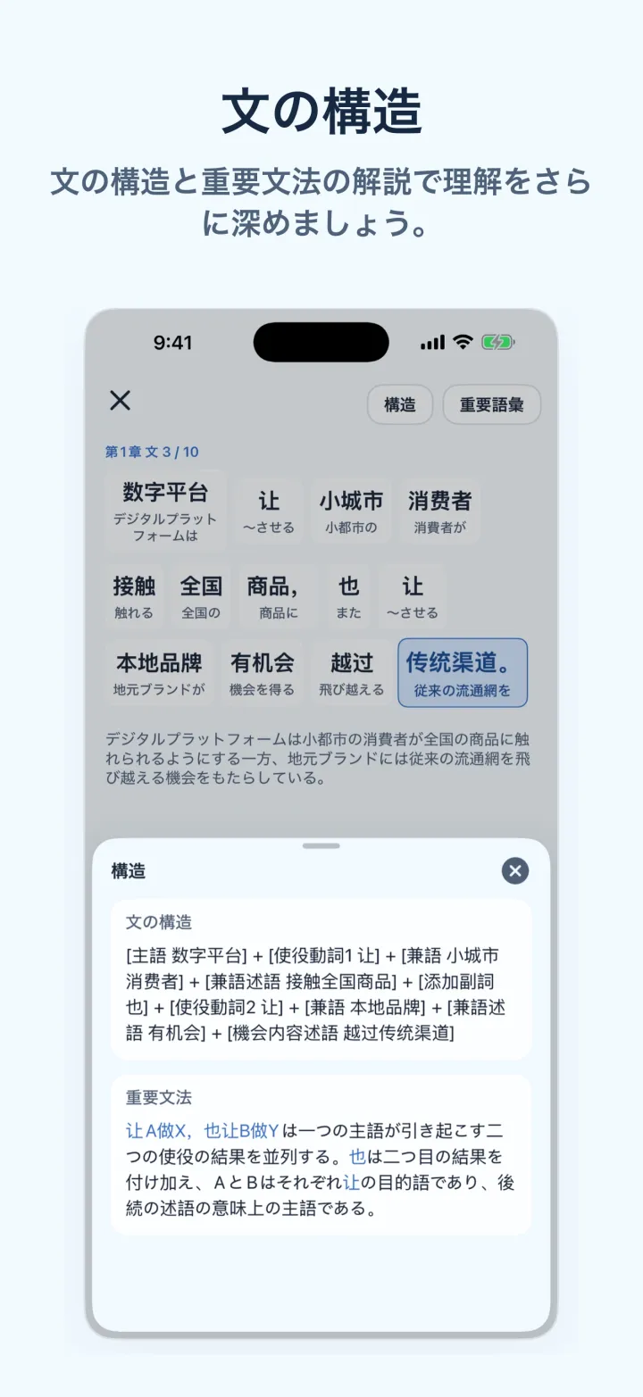 ニュース中国語学習のiPhone画面 – 文の構造