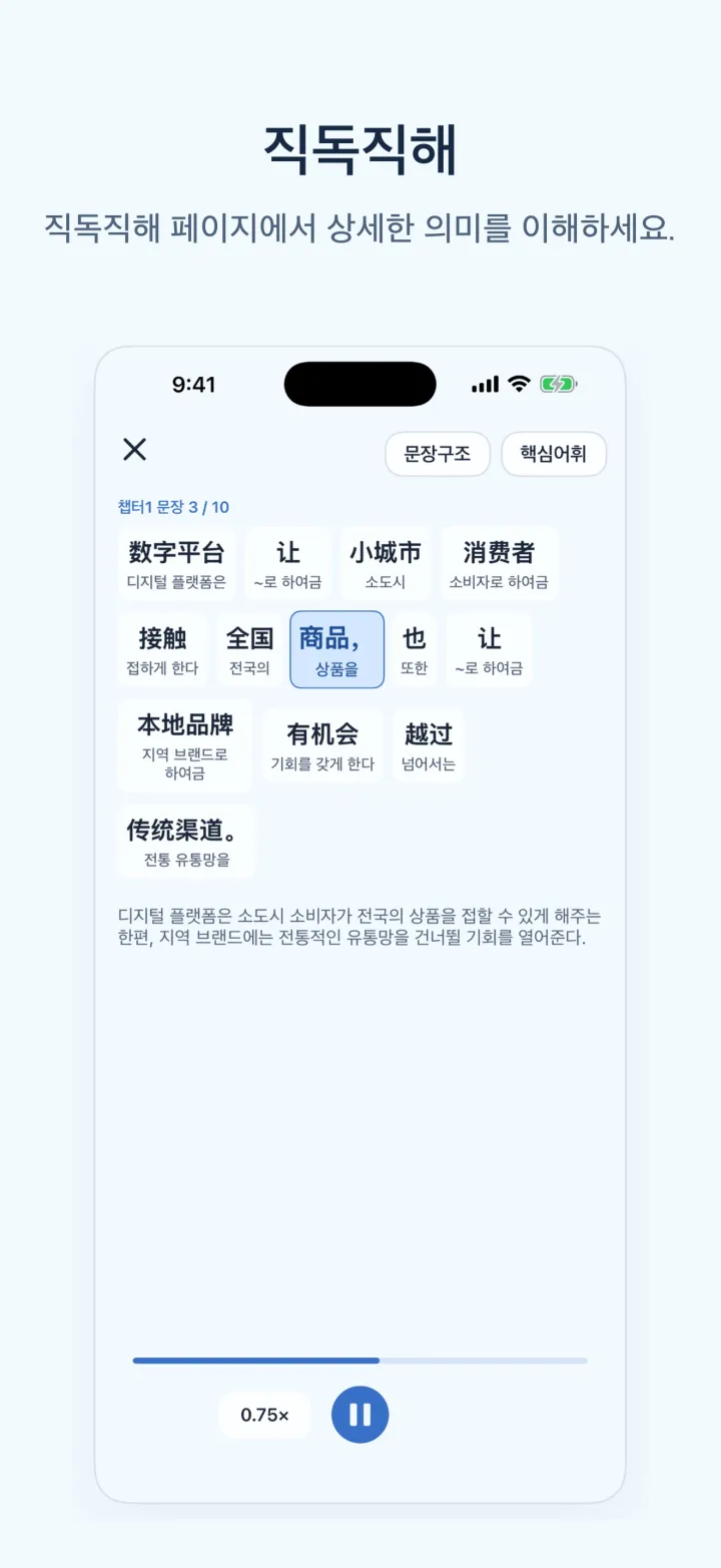 뉴스중국어학습 iPhone 화면 – 직독직해