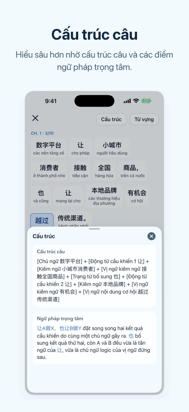 Màn hình iPhone của Học tiếng Trung qua tin tức – Cấu trúc câu