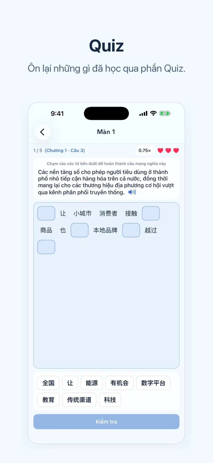 Màn hình iPhone của Học tiếng Trung qua tin tức – Quiz