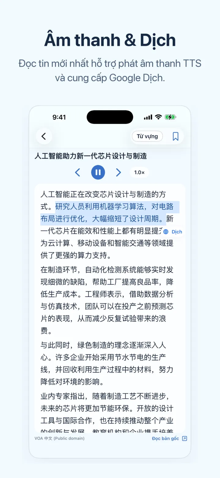 Màn hình iPhone của Học tiếng Trung qua tin tức – Âm thanh & Dịch