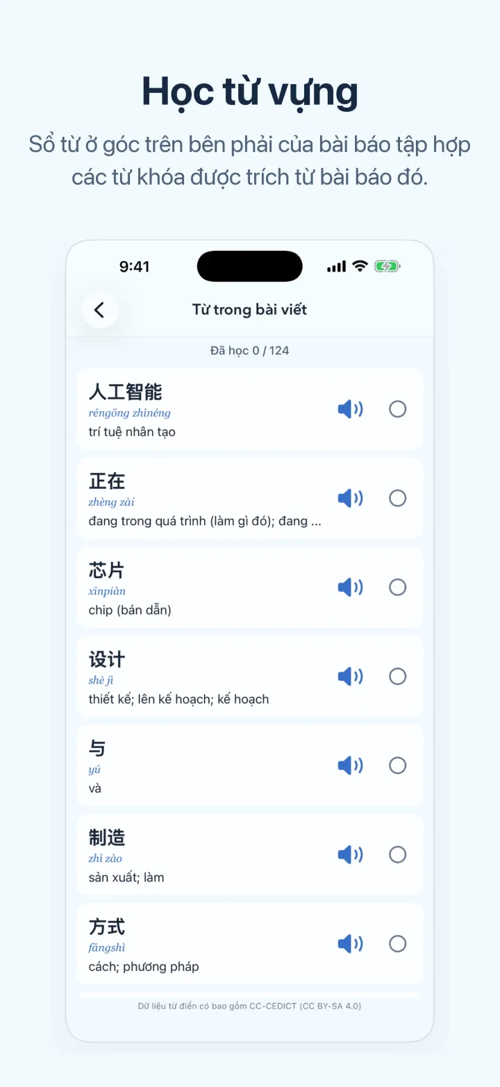 Màn hình iPhone của Học tiếng Trung qua tin tức – Học từ vựng